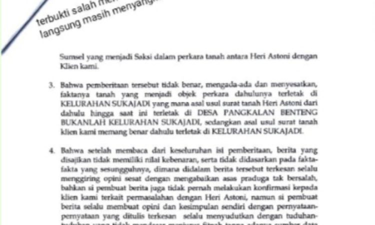 Dewan Redaksi Intelpostnew.com. Sum-Sel Menanggapi Surat Dari Kuasa Hukum Junaidi (Ajun)